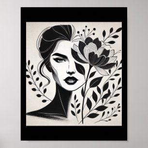 Confident Woman Into Floral And Abstract Line Art Poster