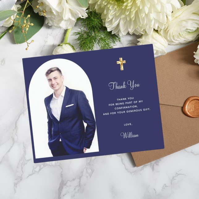Confirmantion photo boy navy blue thank you card (Creator Uploaded)