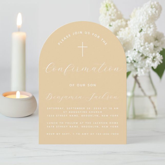 Confirmation Arch Beige Simple Cross Script Modern Invitation (Creator Uploaded)