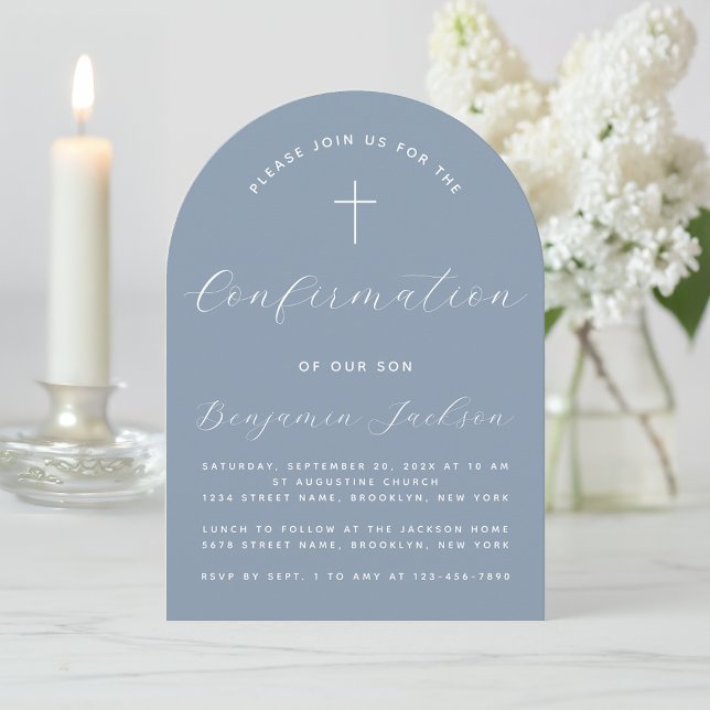 Confirmation Arch Dusty Blue Religious Boy Script Invitation (Creator Uploaded)