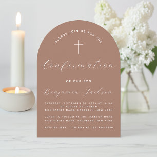 Confirmation Arch Modern Brown Earthy Simple Cross Invitation
