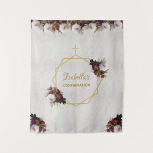 Confirmation Backdrop Gold Burgundy Peonies Marble Tapestry