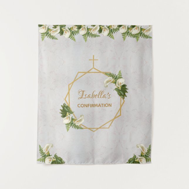 Confirmation Backdrop | Gold Marble Calla Lilies Tapestry (Front)