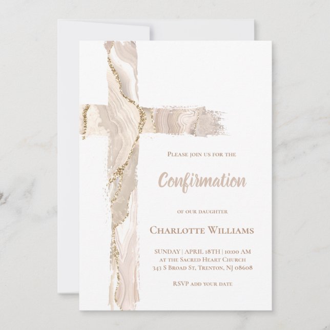 Confirmation beige pink agate Holy Cross Invitation (Front)