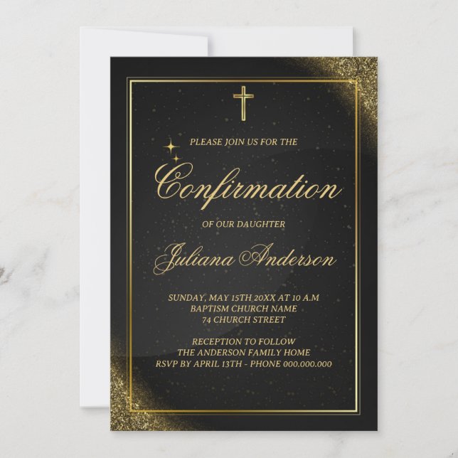 Confirmation Black and Gold Elegant Invitation (Front)