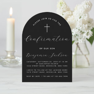Confirmation Black Arch Simple Modern Script Cross Invitation