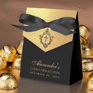Confirmation Black Faux Gold Elegant Vintage Crest Favour Box