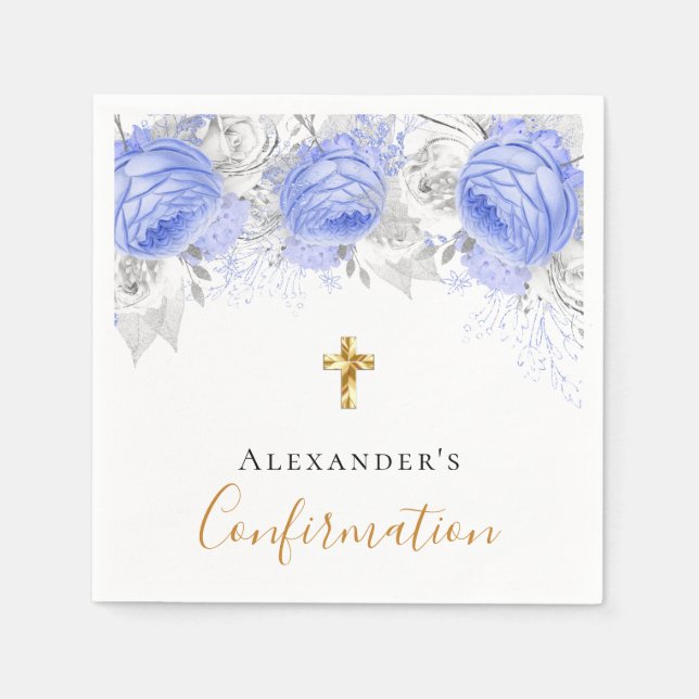 Confirmation blue floral white name boy guy napkin (Front)