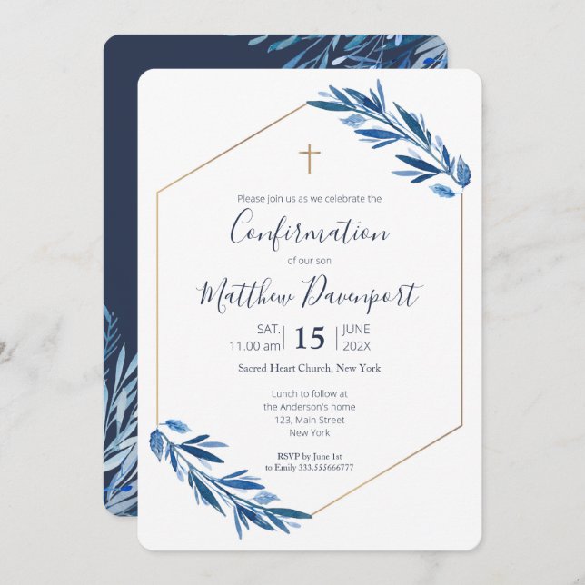 Confirmation Blue foliage Invitation (Front/Back)