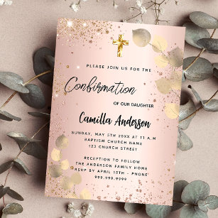 Confirmation blush eucalyptus gold glitter invitation postcard
