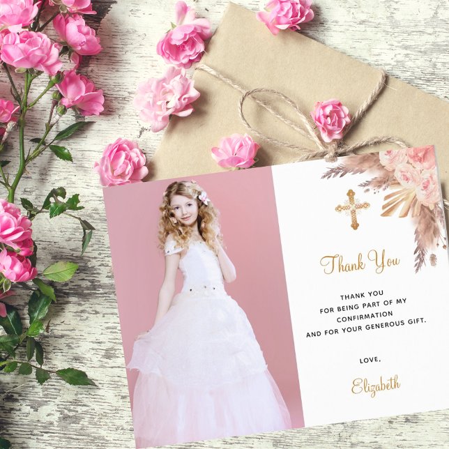 Confirmation blush pampas photo thank you card (Creator Uploaded)
