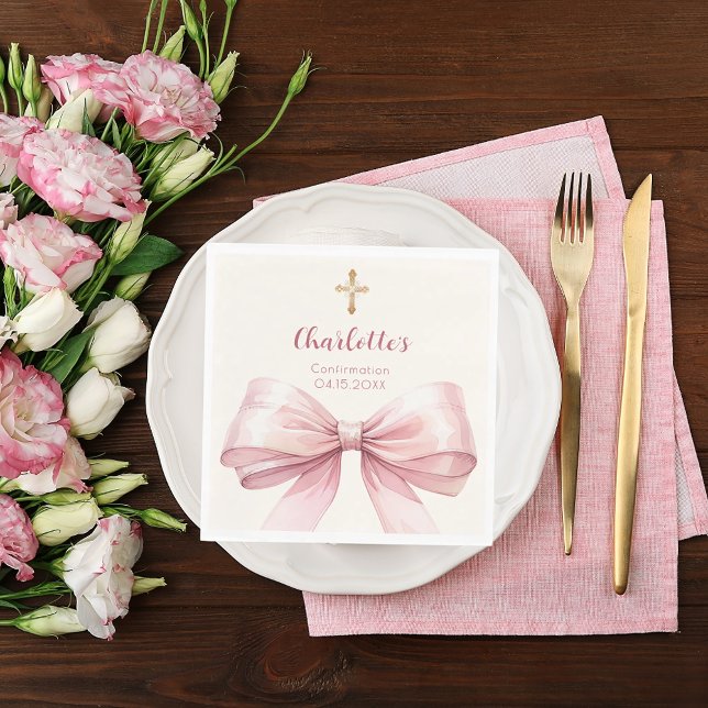 Confirmation blush pink bow cream cross luncheon napkin (Creator Uploaded)