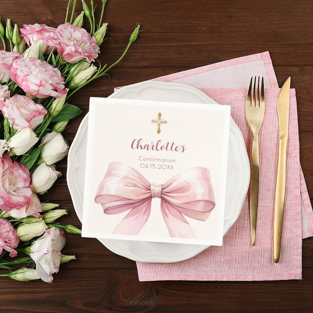 Confirmation blush pink bow cream cross napkin (Creator Uploaded)