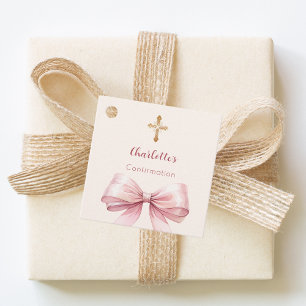 Confirmation blush pink bow ivory cross girl DIY Favour Tags