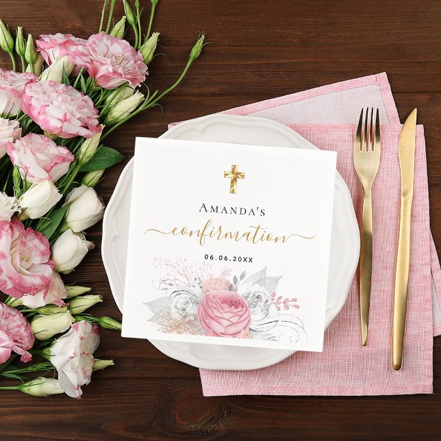 Confirmation blush pink floral white name girl napkin (Creator Uploaded)