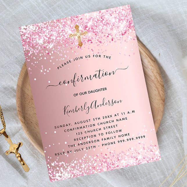 Confirmation blush pink glitter girl invitation (Creator Uploaded)