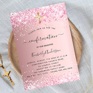 Confirmation blush pink glitter girl luxury invitation