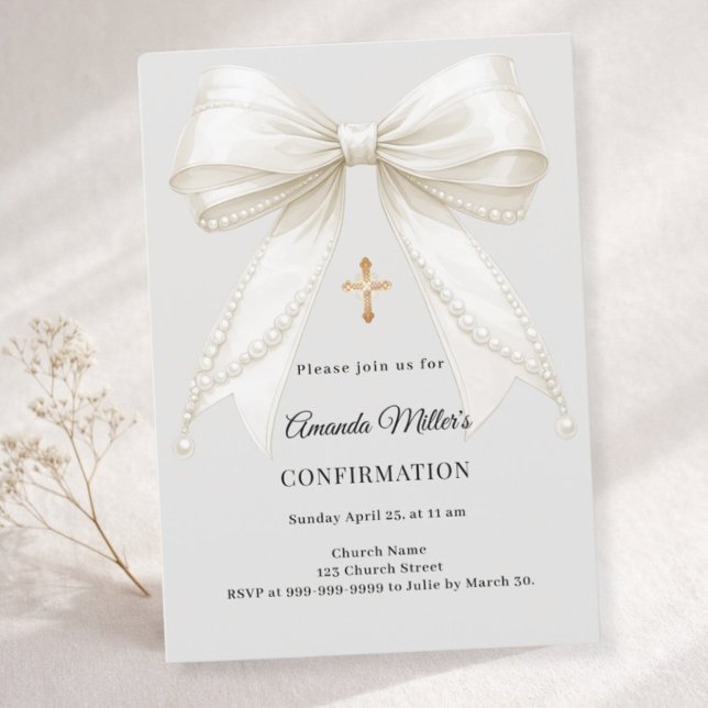 Confirmation bow ivory pearls girl grey invitation (Creator Uploaded)