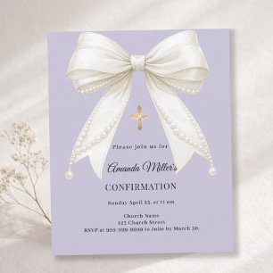 Confirmation bow ivory pearls lavender invitation