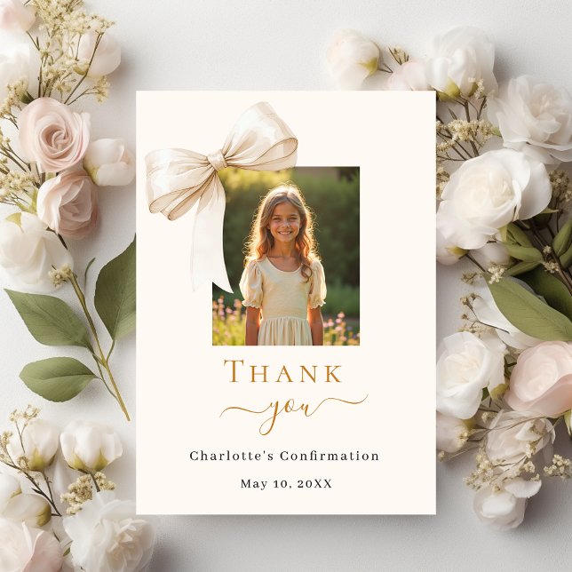 Confirmation bow photo cream thank you card (Creator Uploaded)