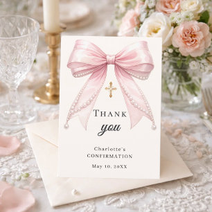 Confirmation bow pink ivory pearls gold cross thank you card