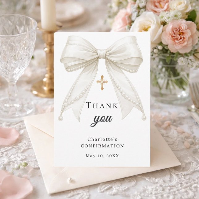 Confirmation bow white ivory pearls thank you card (Creator Uploaded)