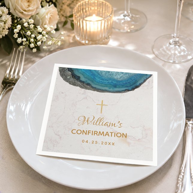 Confirmation Boy Blue Geode Gold Cross Marble Napkin (Creator Uploaded)