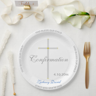 Confirmation Boy Blue Name Silver Cross  Paper Plate