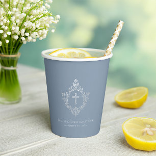Confirmation Boy Dusty Blue Vintage Cross Crest Paper Cups