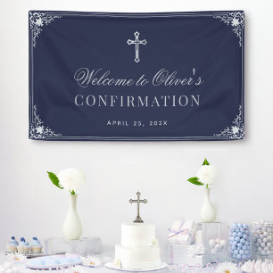 Confirmation Boy Navy Blue Elegant Vintage Cross Banner