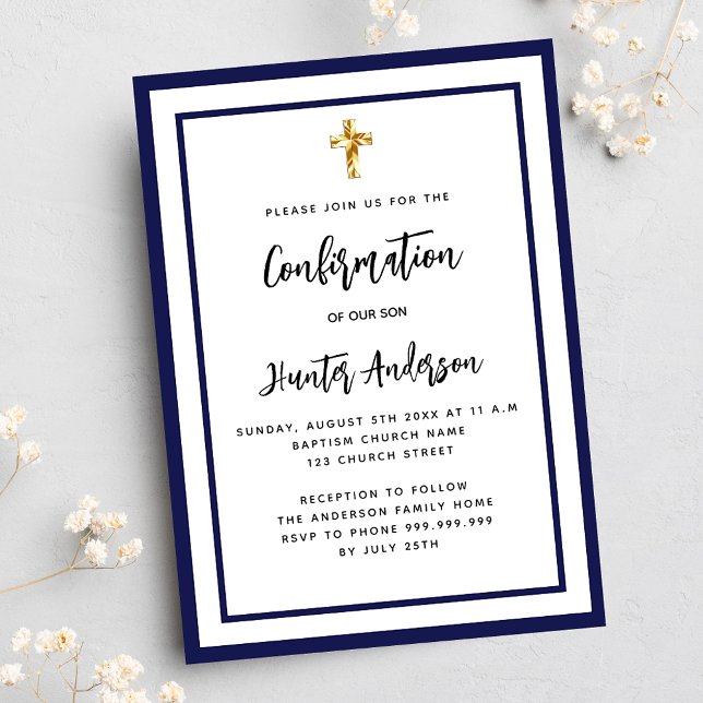 Confirmation boy navy blue white luxury invitation (Creator Uploaded)