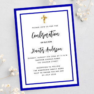 Confirmation boy royal blue white invitation