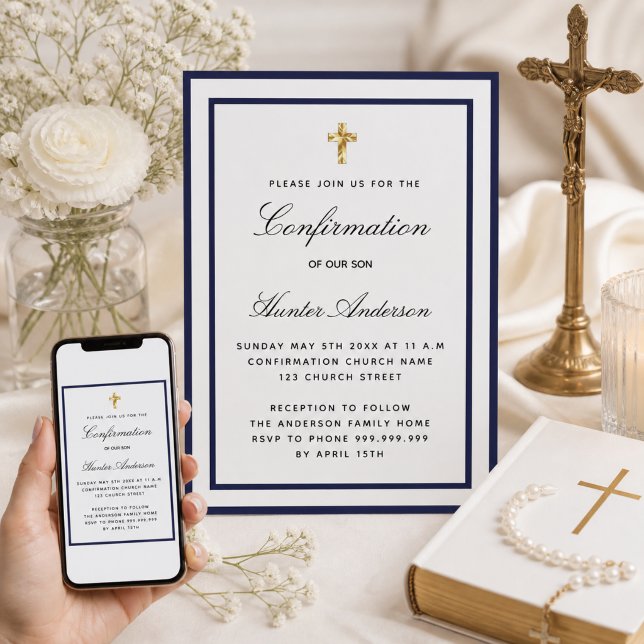 Confirmation boy royal blue white minimalist invitation (Creator Uploaded)