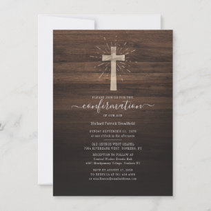Confirmation Ceremony Church Cross Rustic Wood Invitation