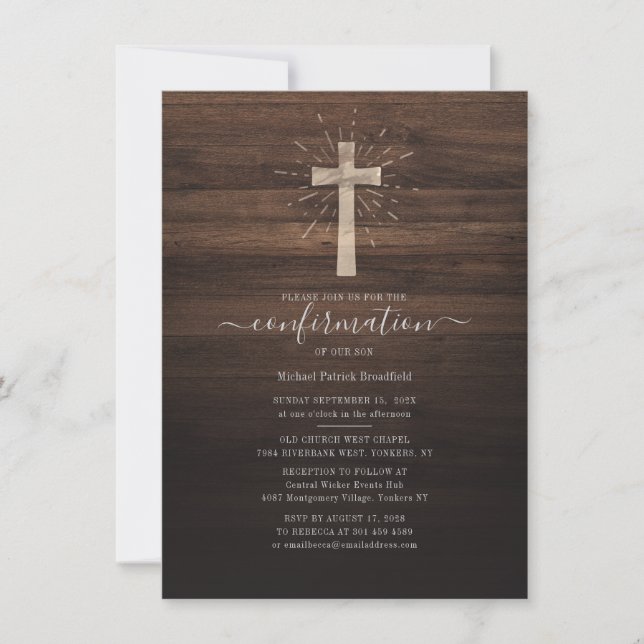 Confirmation Ceremony Church Cross Rustic Wood Invitation (Front)