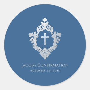 Confirmation Classic Blue Boy Vintage Crest Cross Round Sticker