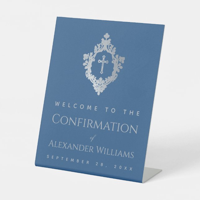 Confirmation Classic Blue Ornate Crest Boy Welcome Pedestal Sign (Front)