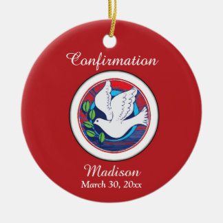 Confirmation Colourful Dove on Red Background Ceramic Tree Decoration