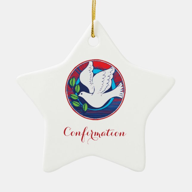 Confirmation Colourful Dove on Red Background Ceramic Tree Decoration (Front)