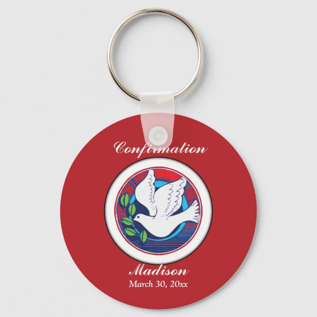 Confirmation Colourful Dove on Red Background Key Ring (Front)