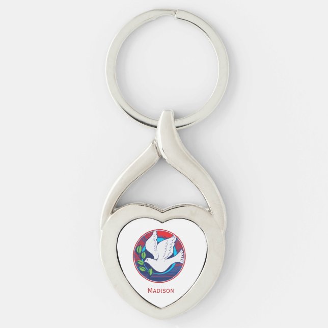 Confirmation Colourful Dove on Red Background Key Ring (Front)