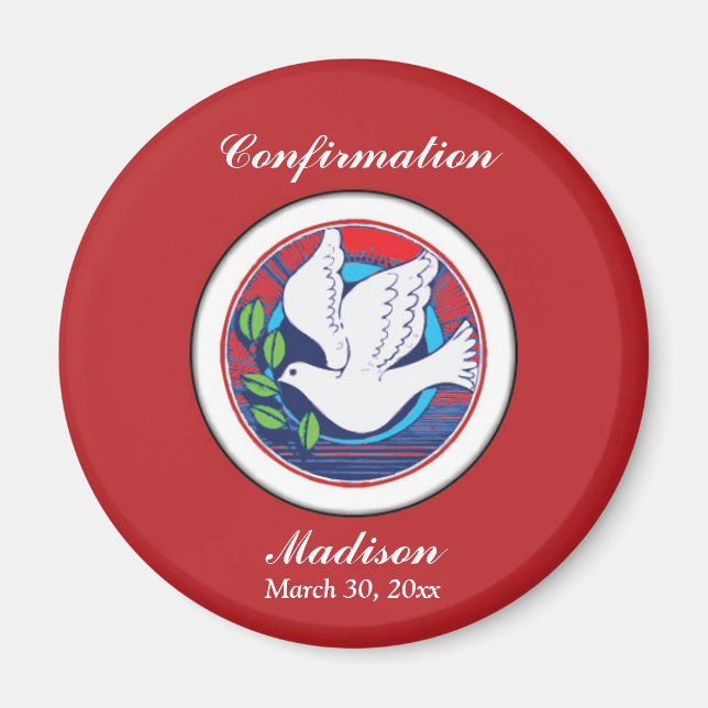 Confirmation Colourful Dove on Red Background Magnet (Front)