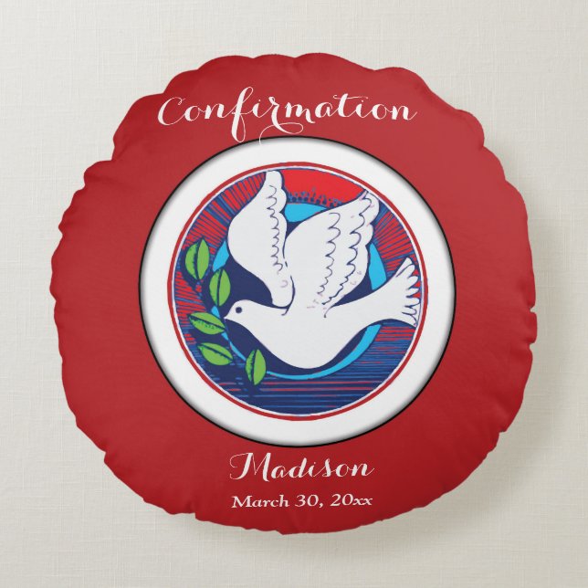 Confirmation Colourful Dove on Red Background Round Cushion (Front)