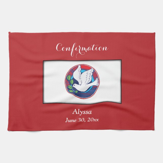 Confirmation Colourful Dove on Red Background Tea Towel (Horizontal)