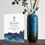 Confirmation Congratulations Navy Blue Gold Cross Card<br><div class="desc">Modern navy blue and gold agate decorate this elegant confirmation congratulations folded card for your Christian ceremony celebration. Customise with a name under the cross for a beautiful religious blessings message for a Methodist or Catholic church party.</div>