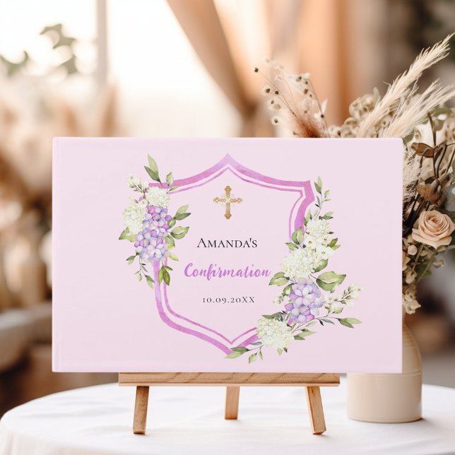 Confirmation crest pink purple flowers girl guest book (Creator Uploaded)