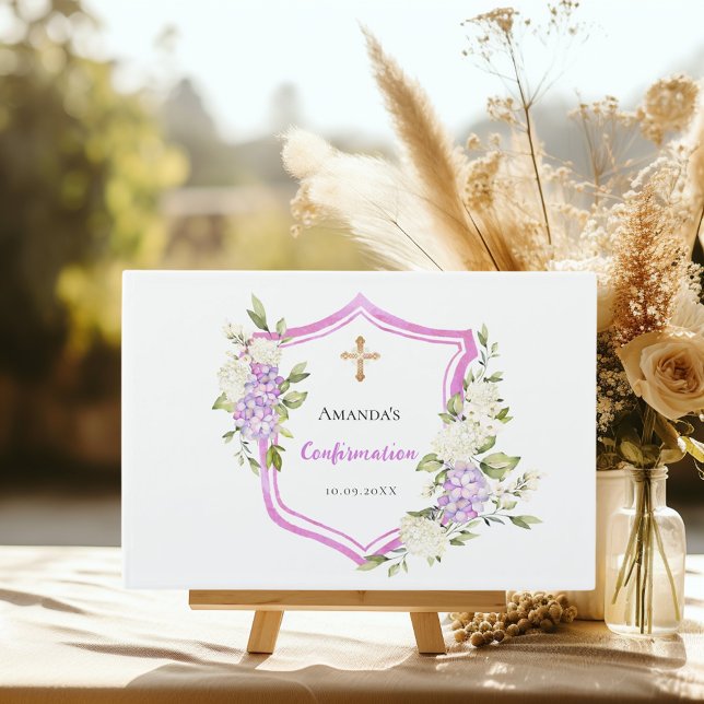 Confirmation crest pink purple flowers girl guest book (Creator Uploaded)