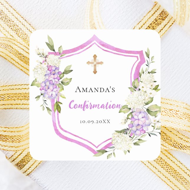 Confirmation crest pink purple flowers square sticker (Creator Uploaded)