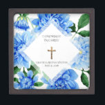 Confirmation Crucifix Blue Dahlia Gift Box<br><div class="desc">This personalised traditional stained glass image  Sacrament of Confirmation keepsake jewellery box displays Blue Dahlia's with a Gold Crucifix - All text and fonts are customisable. It would be a perfect keepsake to store all the small gifts and mementos of that special occasion.</div>