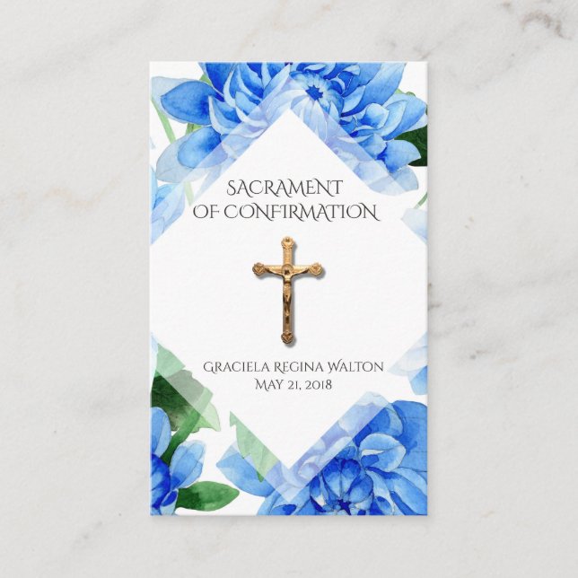 Confirmation Crucifix Blue Dahlia Holy Card (Front)